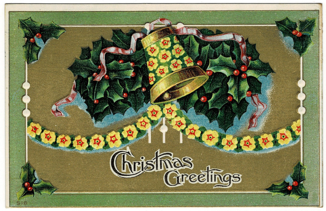1910 Cheerful Chiming Rings in the Holly-Day Vintage Christmas Postcard.