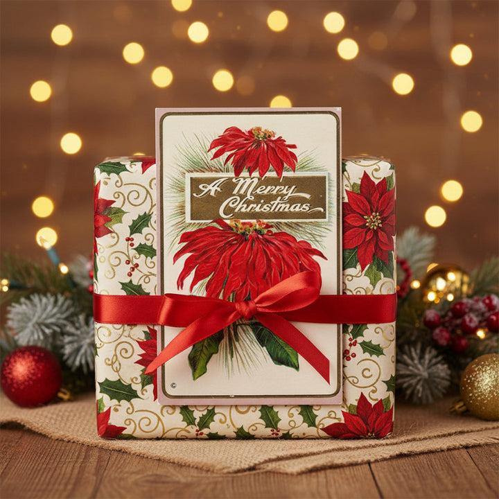 1912 Christmas’s Scarlet Blooms Vintage Christmas Poinsettia Postcard as gift topper.