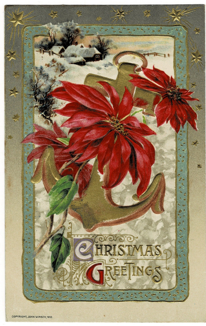 1910 Poinsettias and Promise of Peace by Winsch Vintage Christmas Postcard.