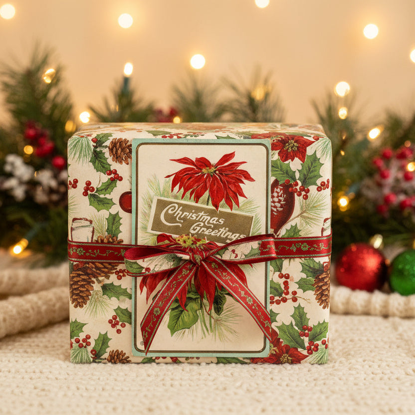 1913 Christmas Greetings Among Poinsettias Vintage Christmas Postcard, shown as gift topper.
