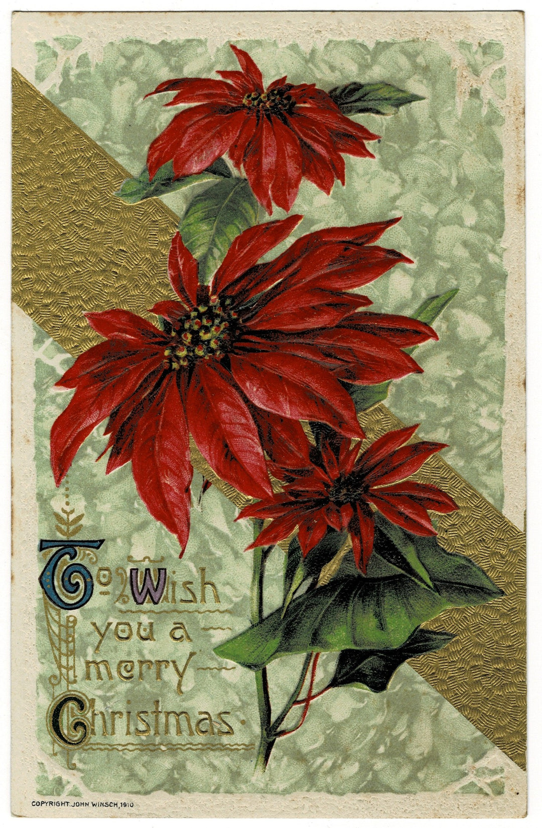 1910 We Winsch You A Merry Christmas Vintage Poinsettia Postcard.