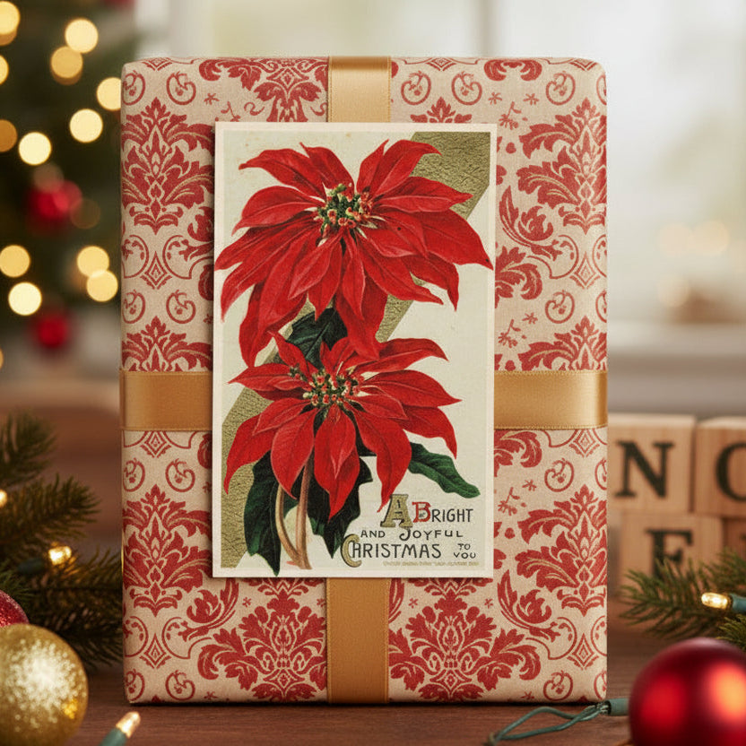 1911 Radiant Red Poinsettias by Winsch Vintage Christmas Postcard, shown as gift topper.