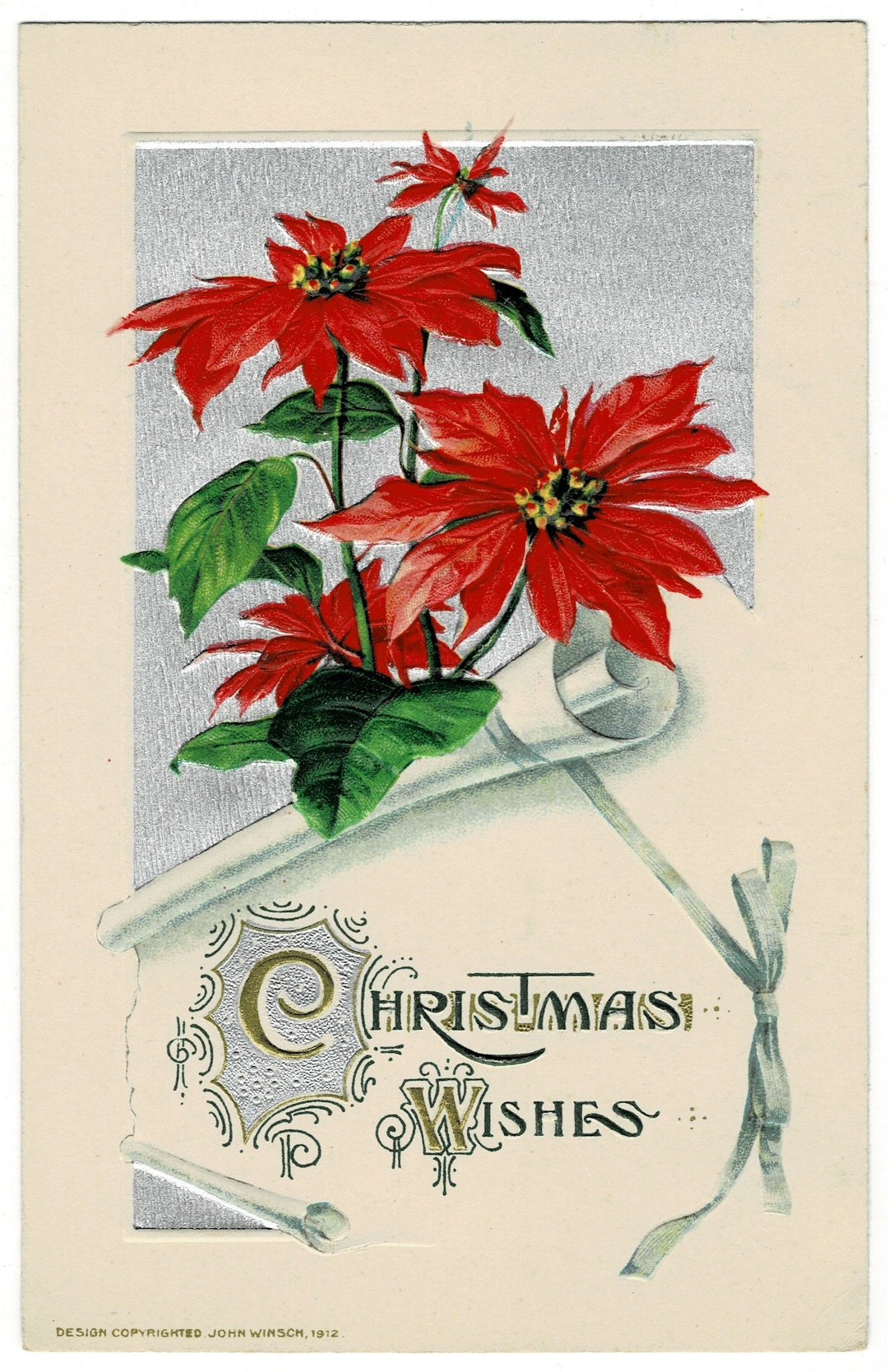 1910 Elegant Silver Gilded Scroll and Red Poinsettias by Winsch Vintage postcard.
