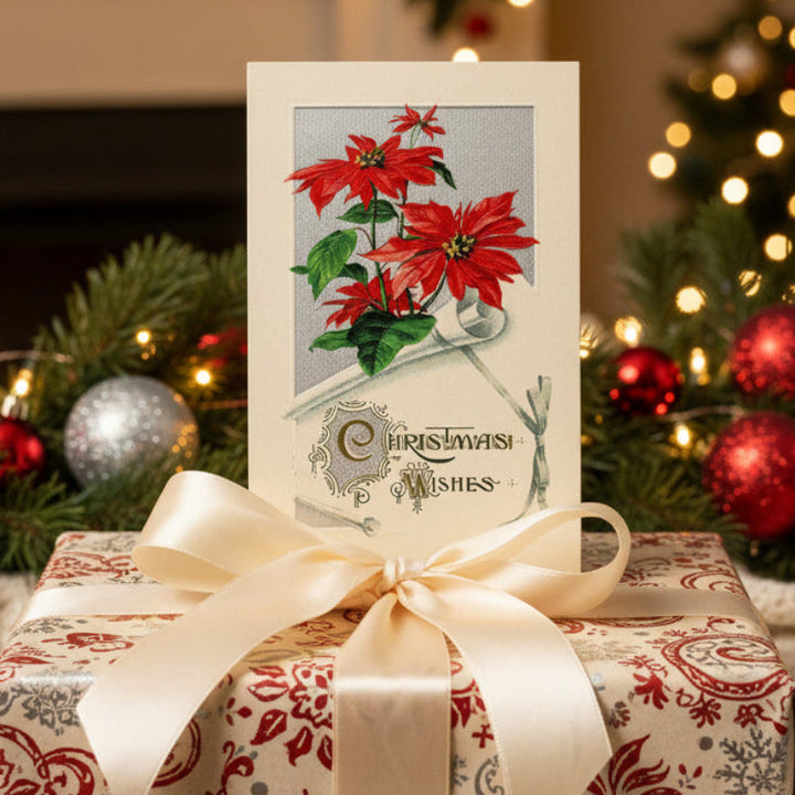 1910 Elegant Silver Gilded Scroll and Red Poinsettias by Winsch, shown as gift topper.