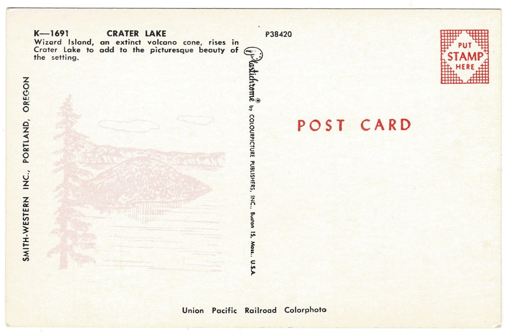1960s Wizard Island Crater Lake National Park Oregon Vintage Postcard, back view.