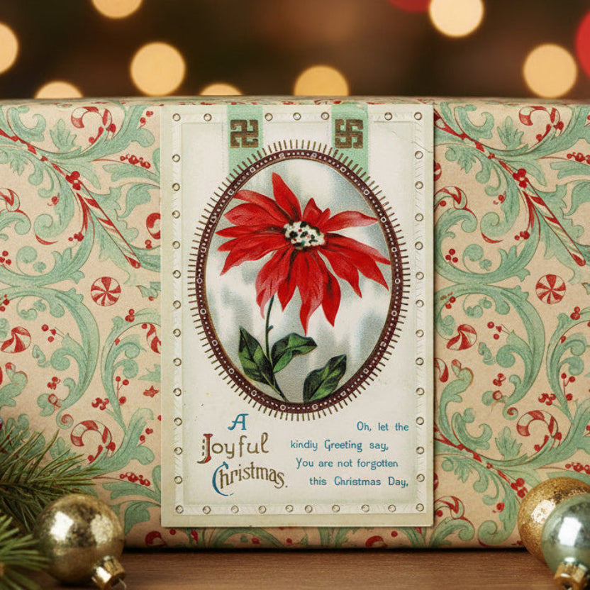 1912 Heartfelt Verse and Vibrant Poinsettia Vintage Christmas Postcard, shown as gift topper.