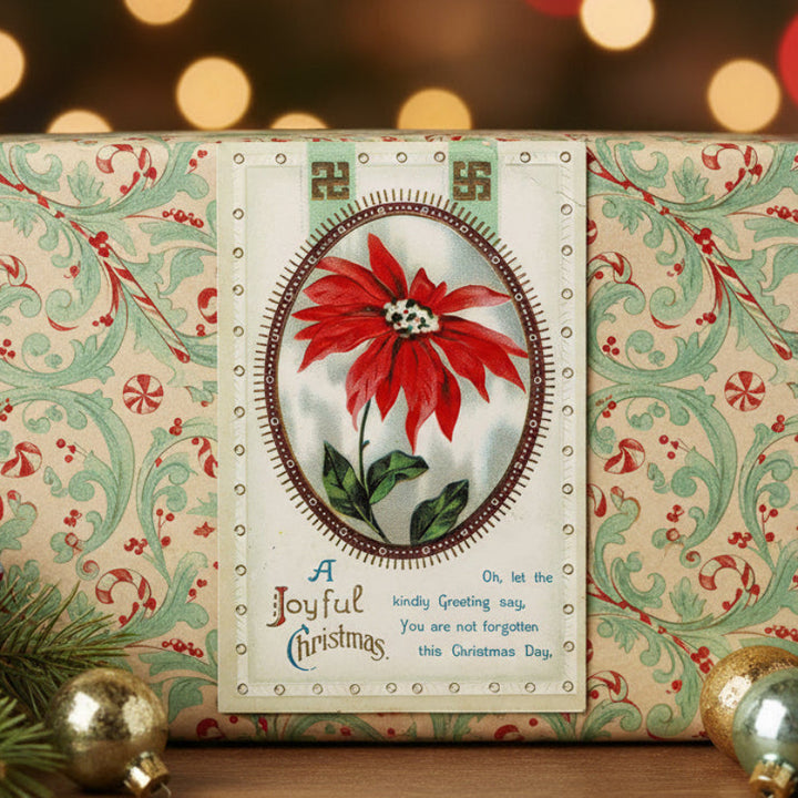 1912 Heartfelt Verse and Vibrant Poinsettia Vintage Christmas Postcard, shown as gift topper.
