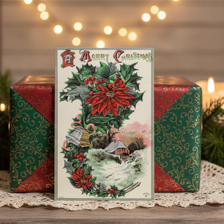 1910 Holiday Flora and A Cozy Home Vintage Christmas Postcard, shown as gift topper.