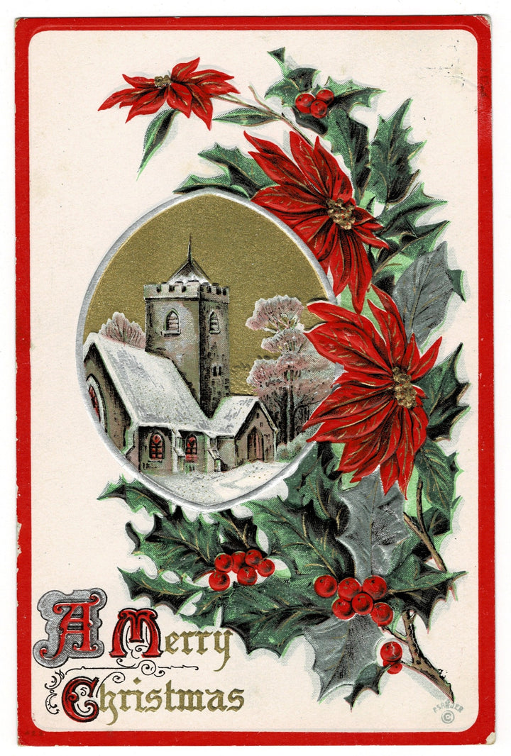 1910 Snowy Church With Holiday Greeting Vintage Christmas Postcard.