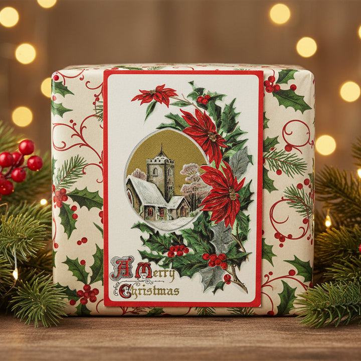 1910 Snowy Church With Holiday Greeting Vintage Christmas Postcard, shown as gift topper.