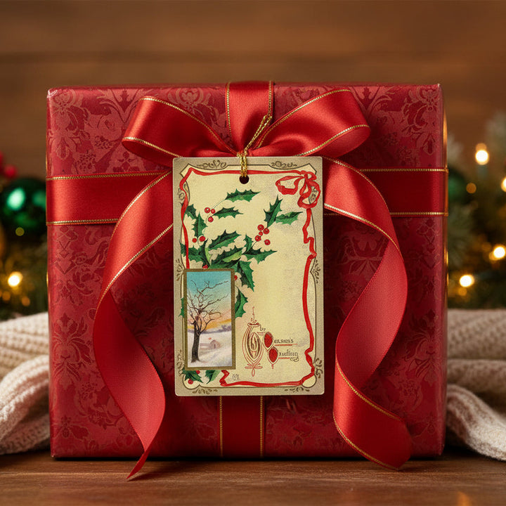 1916 Classic Winter Holiday Vintage Christmas Postcard, shown as gift topper.