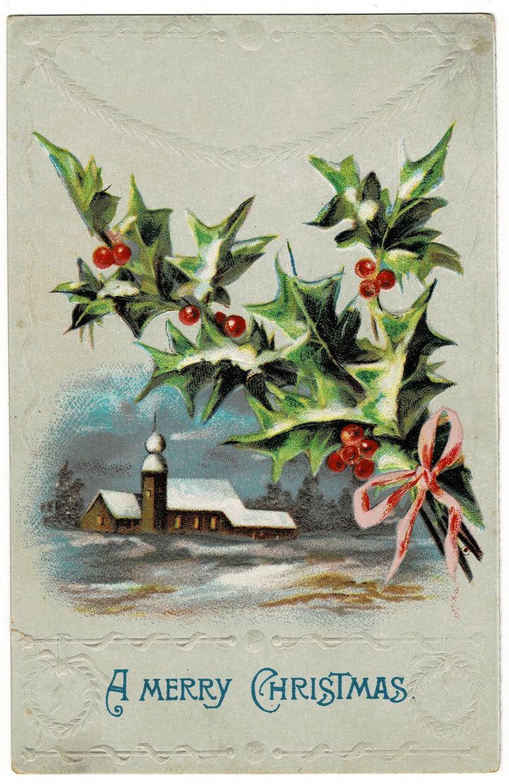 1914 Holly-day Peaceful Winter Church Scene Vintage postcard.
