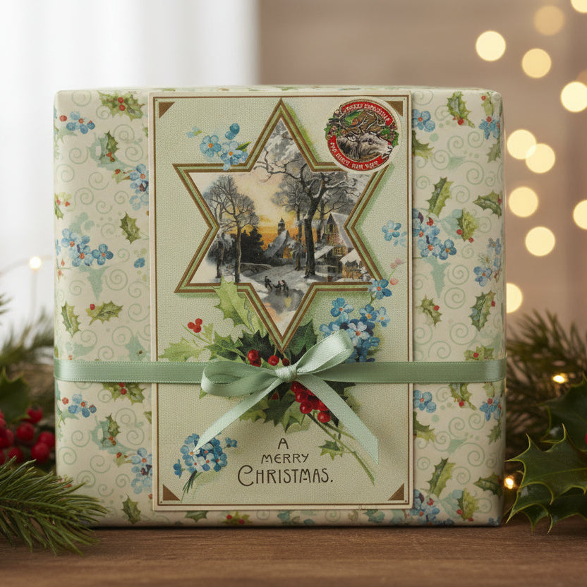 1911 Six-Pointed Star Seasonal Greeting Vintage Postcard,  shown as a gift topper.