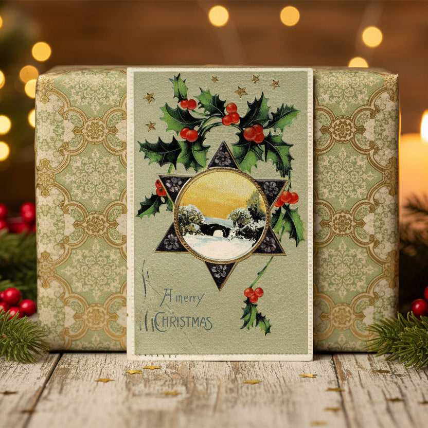 1912 Star-Shaped Holiday Greeting Vintage postcard,  shown as a gift topper.