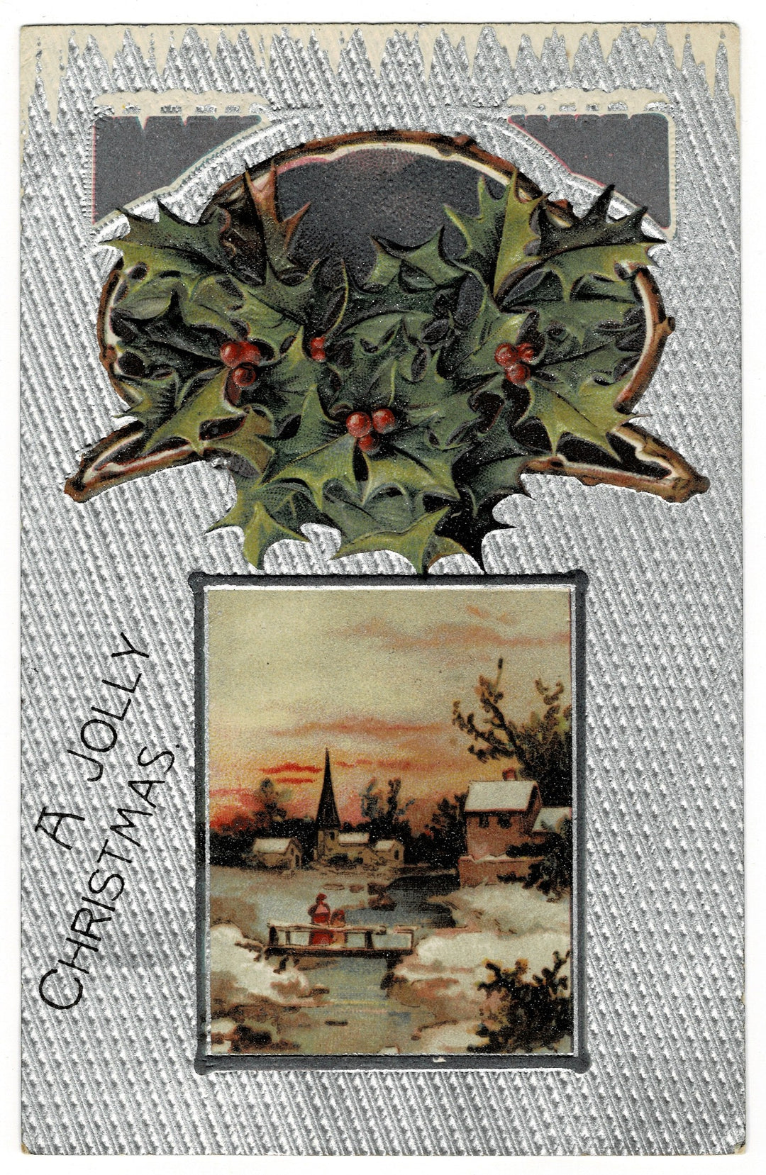 1908 Gilded Silver Winter Scene Vintage postcard.