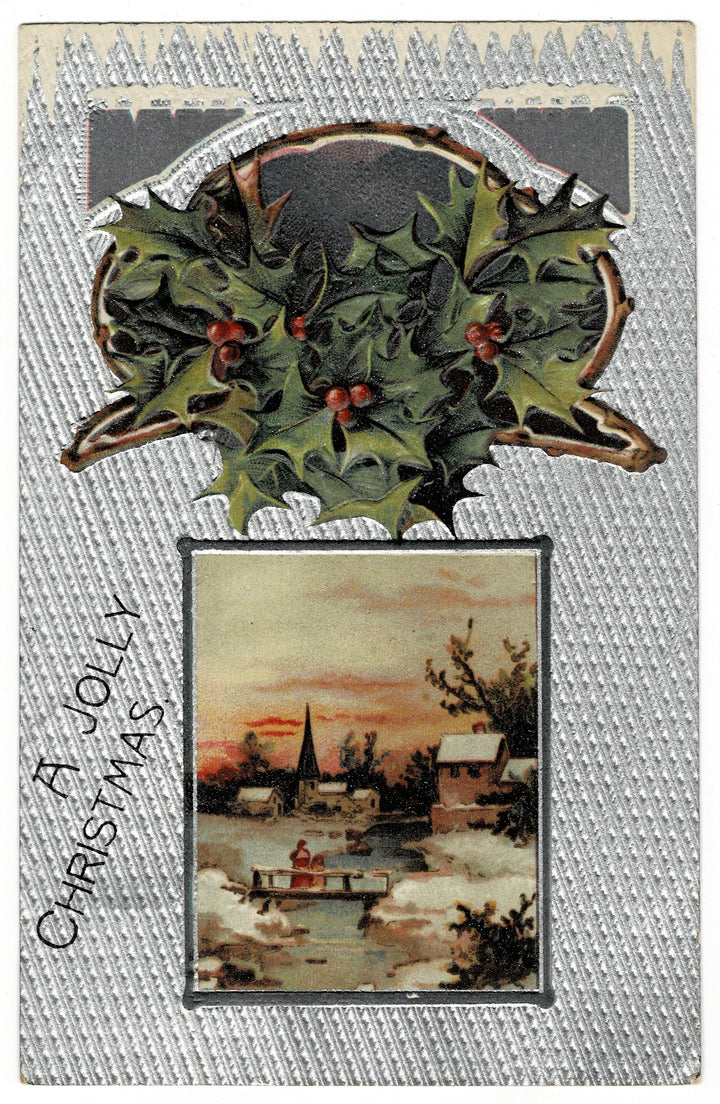 1908 Gilded Silver Winter Scene Vintage postcard.