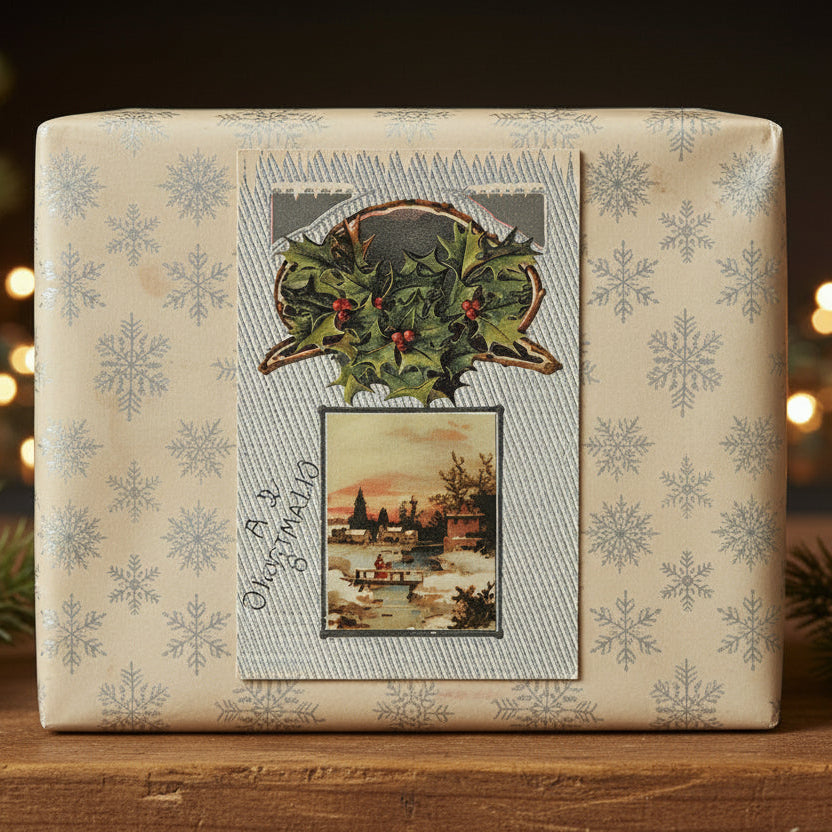 1908 Gilded Silver Winter Scene Vintage postcard., shown as gift topper.