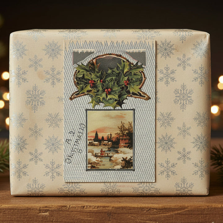 1908 Gilded Silver Winter Scene Vintage postcard., shown as gift topper.