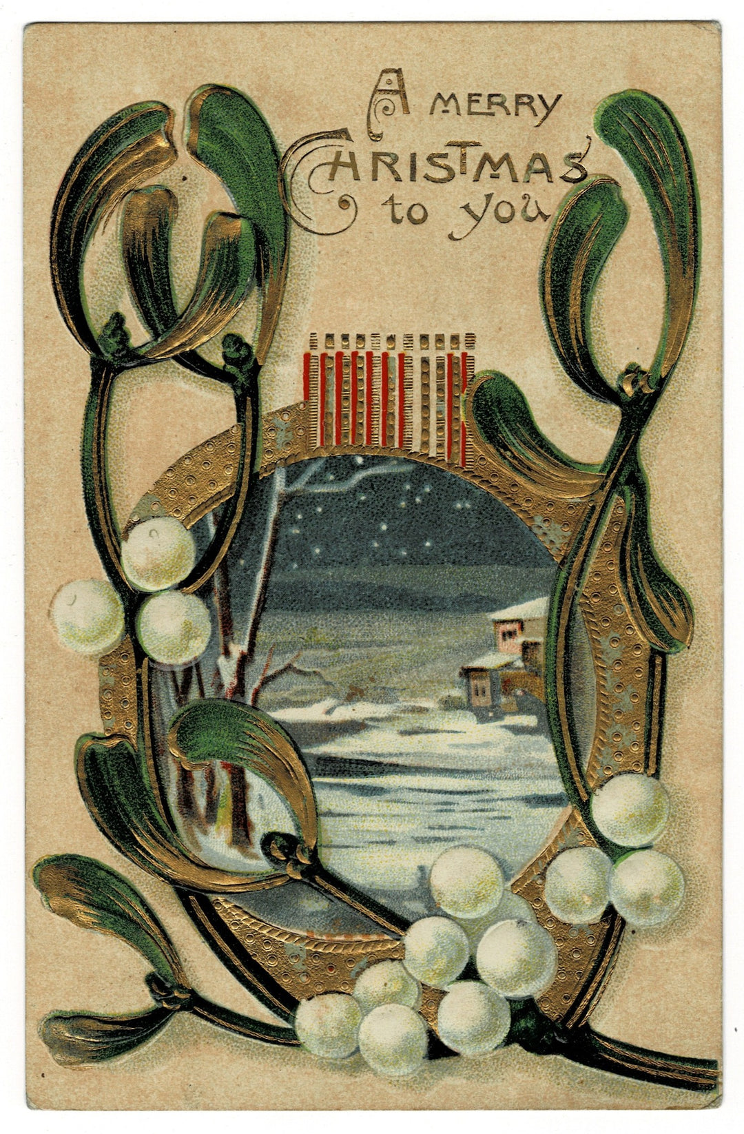 1908 Winter Vignette and Mistletoe Vintage postcard.