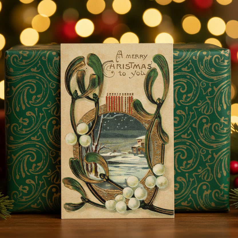 1908 Winter Vignette and Mistletoe Vintage postcard, shown as gift topper.