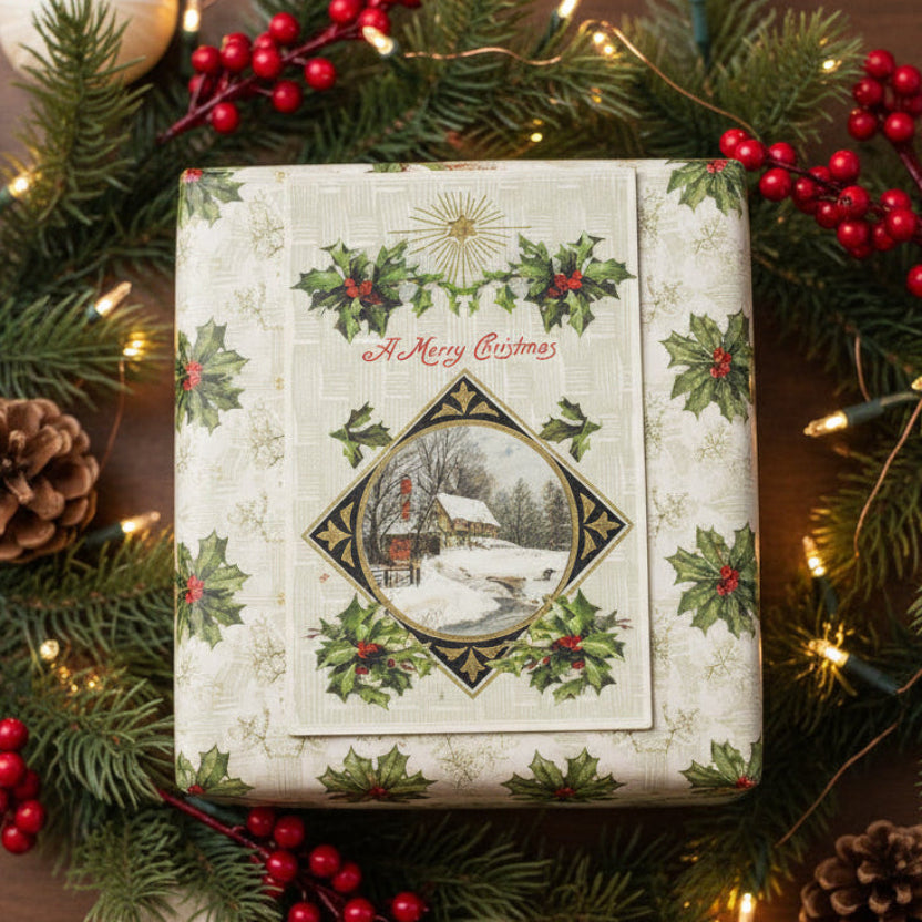 1908 Winter Walk Homeward Vintage Postcard, shown as a gift topper.