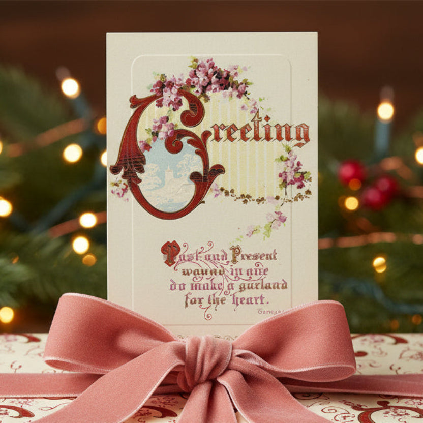 1912 Tennyson’s Christmas Greeting Verse Vintage postcard,  shown as a gift topper.