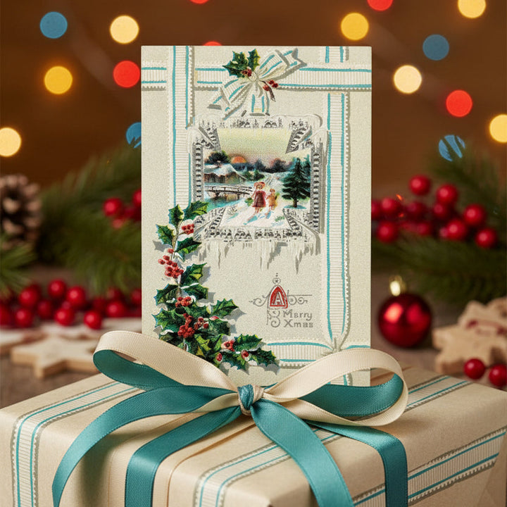 1912 Children’s Charming Christmas Journey Vintage postcard,  shown as a gift topper.