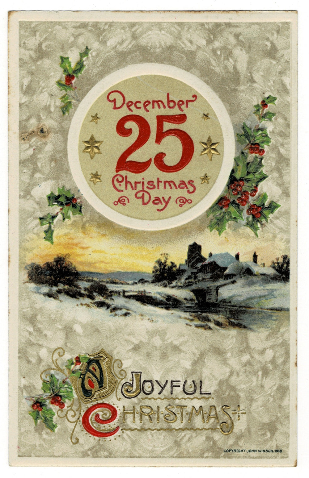 1910 Joyful Christmas on December 25 by Winsch Vintage postcard.