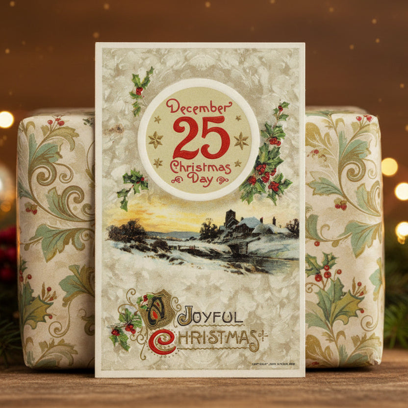 1910 Joyful Christmas on December 25 by Winsch Vintage postcard,  as gift topper.