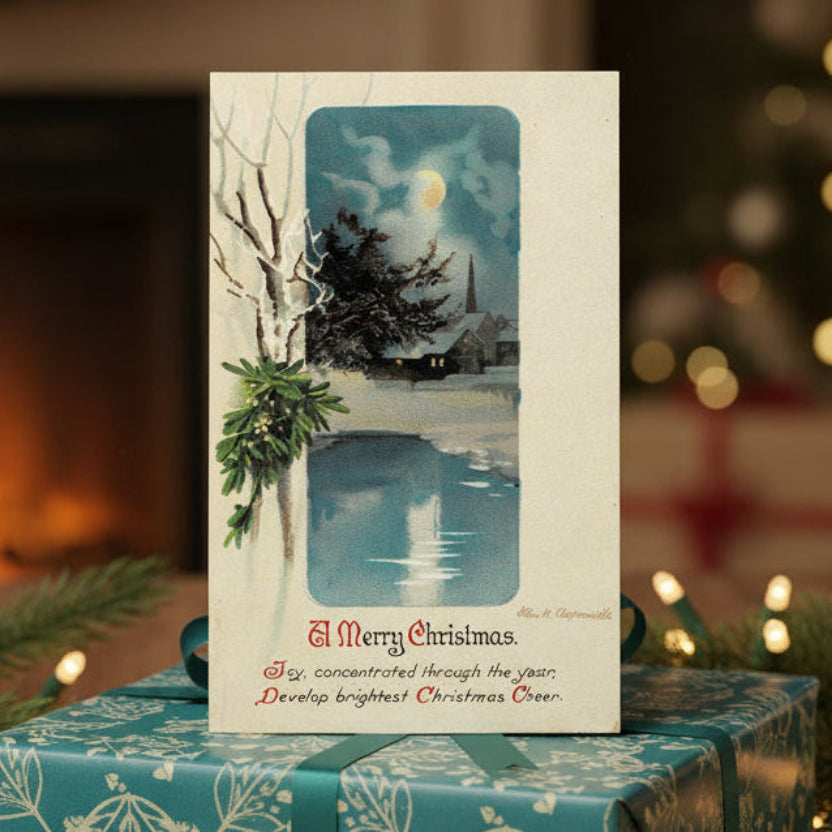 1916 Silent Night Reflections by Clapsaddle, shown as gift topper.