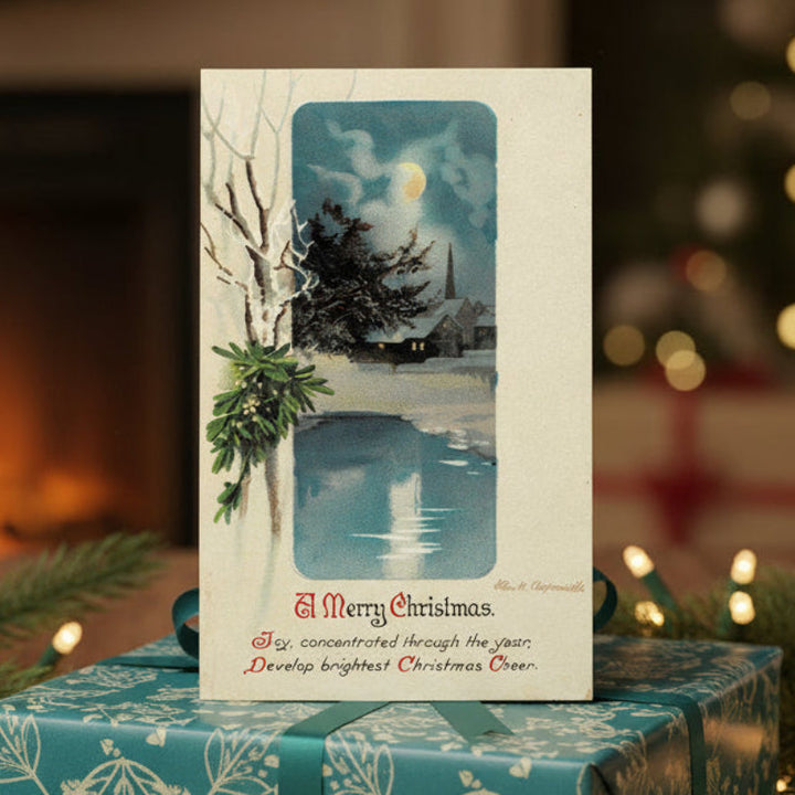 1916 Silent Night Reflections by Clapsaddle, shown as gift topper.