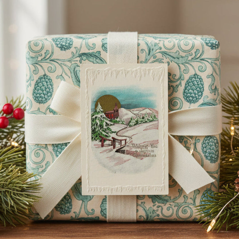 1916 Where Snow Falls, Christmas Follows, shown as gift topper.