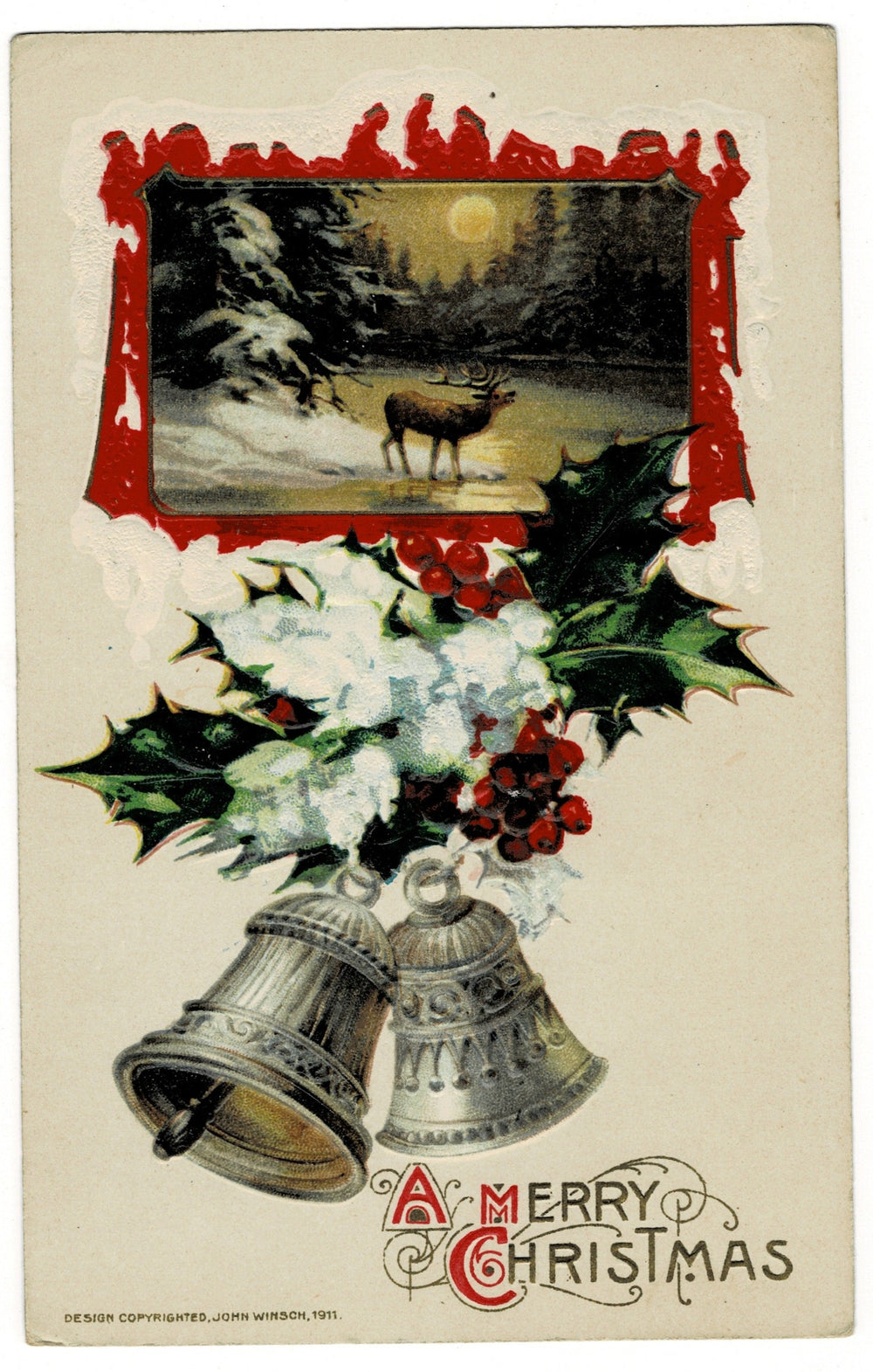 1911 Christmas Stag in Moonlit Snow by Winsch Vintage postcard.