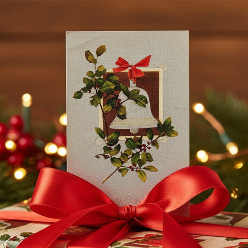 1909 Silver Bell Rings in the Season Vintage Christmas Postcard, tied with a red ribbon, against a festive background.