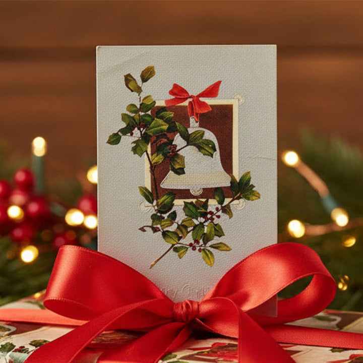 1909 Silver Bell Rings in the Season Vintage Christmas Postcard, tied with a red ribbon, against a festive background.