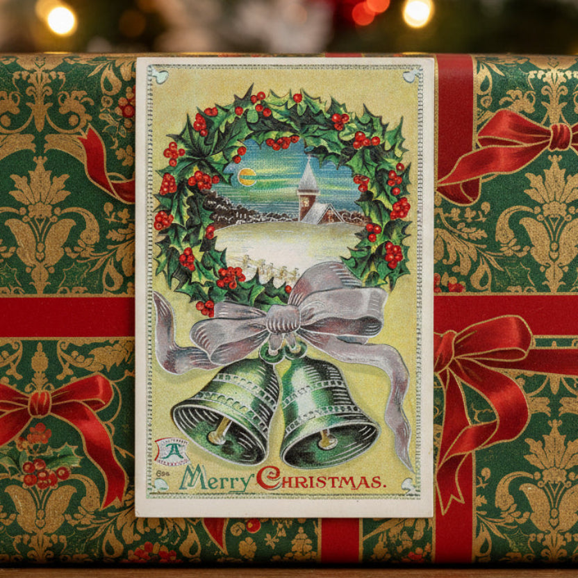 1911 Ring Christmas Bells Holly Wreath Vintage Christmas Postcard on a decorative box.