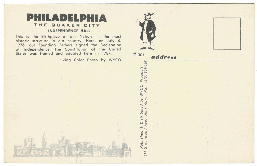 1960s Independence Hall Philadelphia Pennsylvania Vintage Postcard, back view.