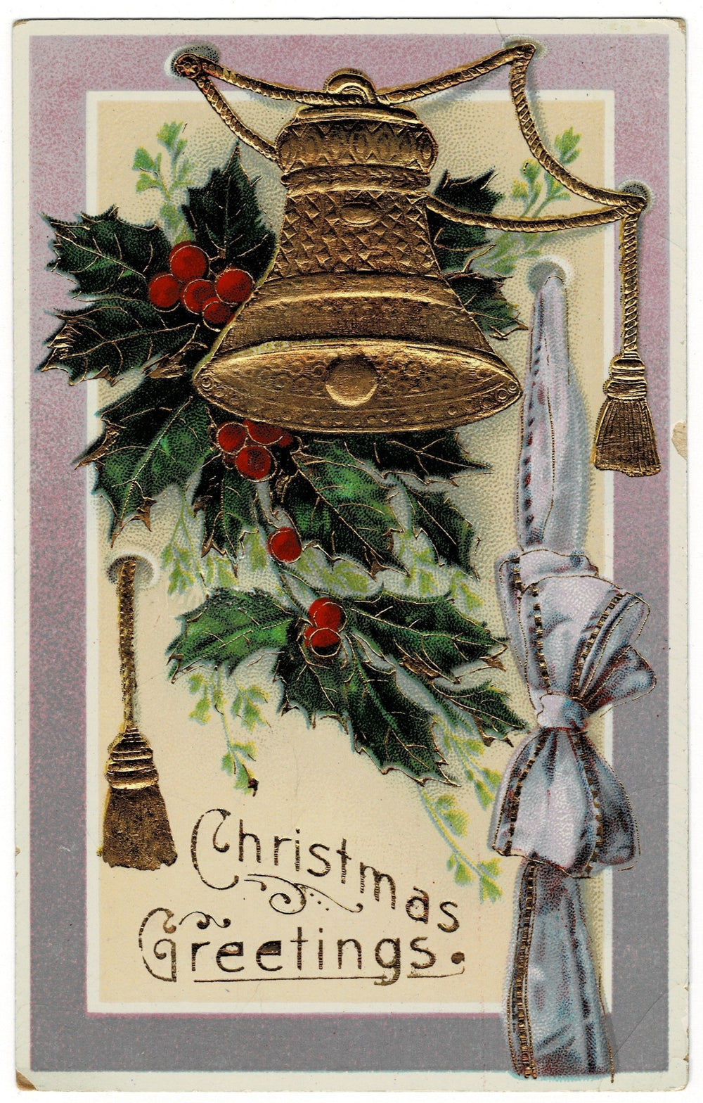 1911 Golden Christmas Bell in Lavender Light, Vintage postcard.