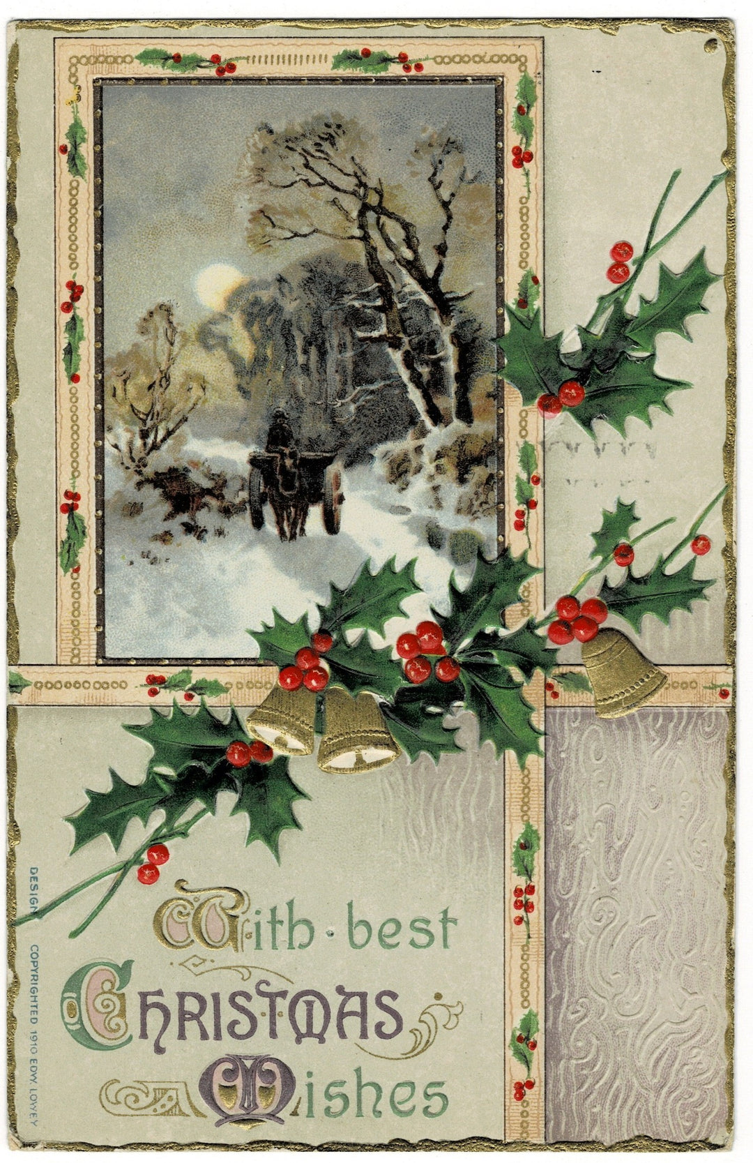 1912 Christmas Wishes on a Winter Road Vintage postcard.