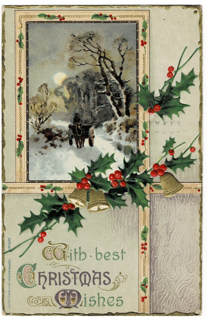 1912 Christmas Wishes on a Winter Road Vintage postcard.