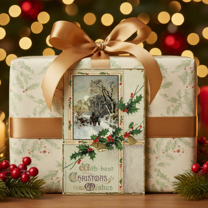 1912 Christmas Wishes on a Winter Road Vintage postcard,  as gift topper.