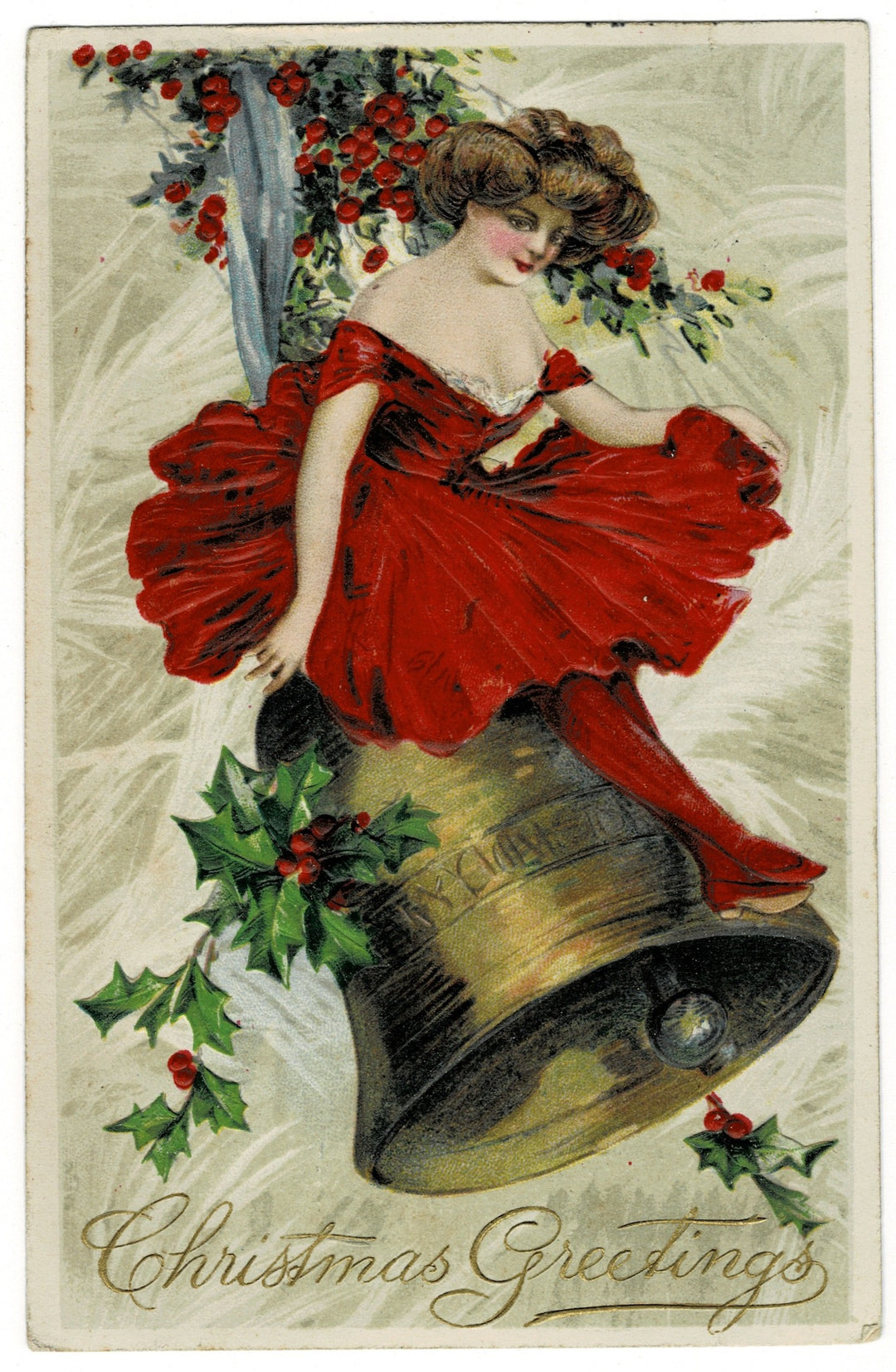 1909 A Christmas Belle in Scarlet Vintage postcard.