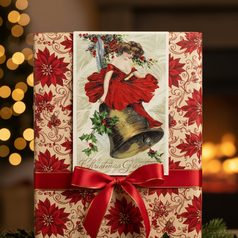 1909 A Christmas Belle in Scarlet Vintage postcard,  as gift topper.