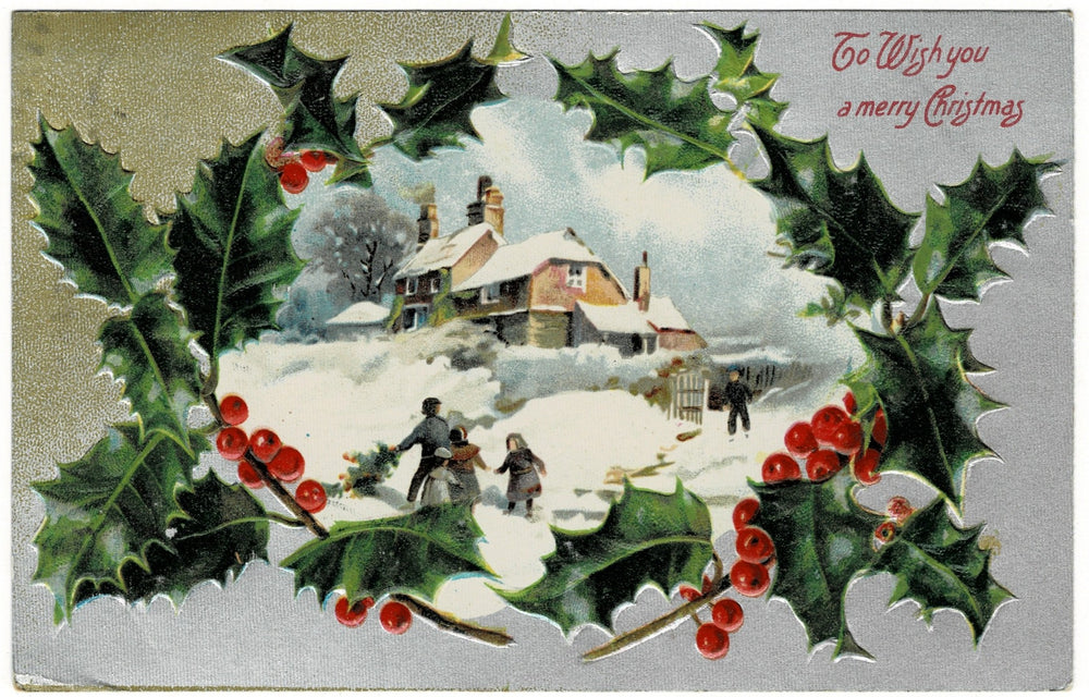 1909 Bringing Home The Christmas Tree Vintage postcard.