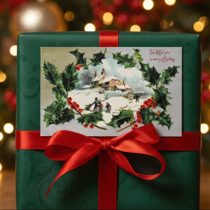 1909 Bringing Home The Christmas Tree Vintage postcard, shown as holiday decor, gift topper.