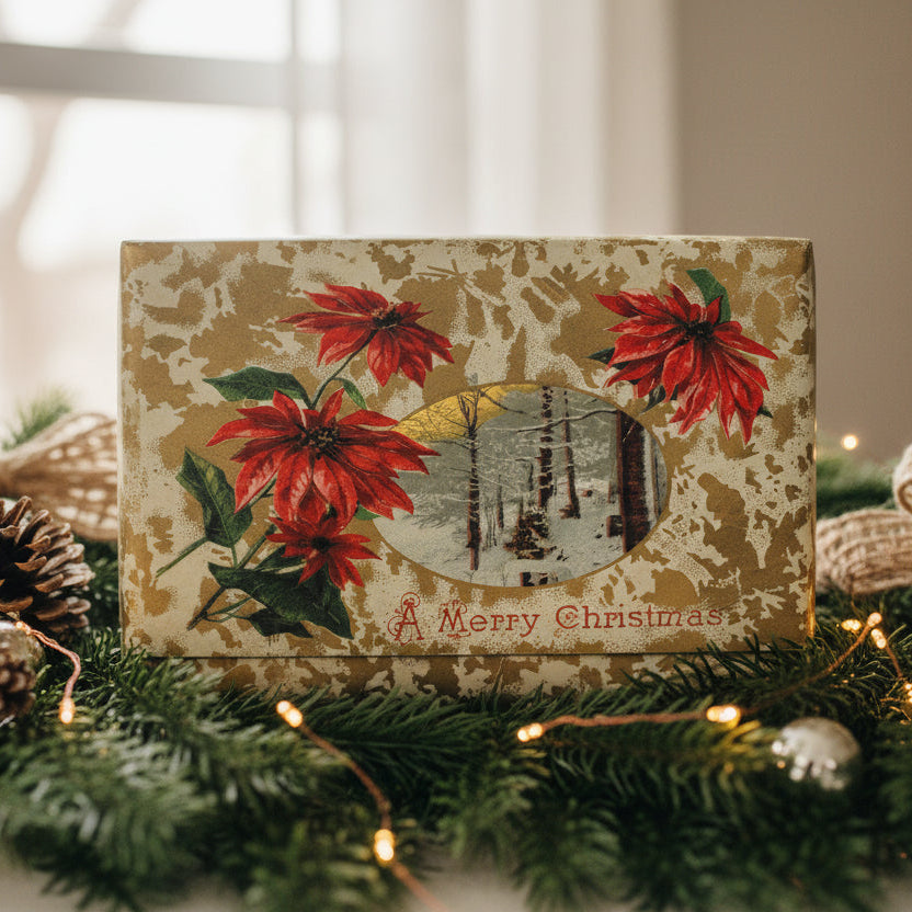 1910 Flashy Festive Flourish Vintage postcard, shown as holiday decor, gift topper.