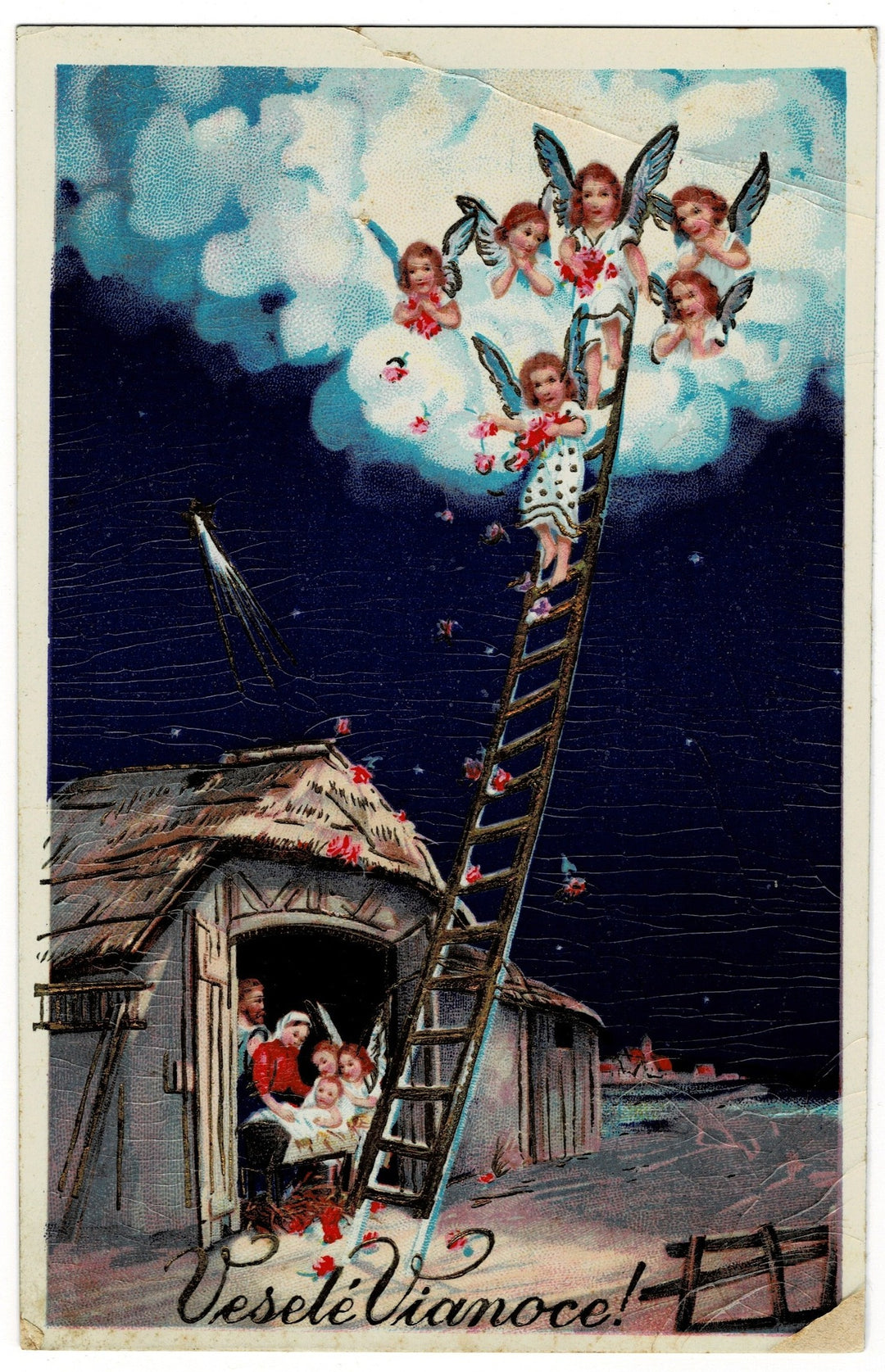 1936 Golden Ladder To Heaven Gelatin Finish Vintage postcard.