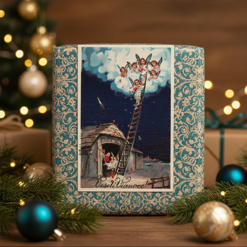 1936 Golden Ladder To Heaven Gelatin Finish,  shown as holiday decor, gift topper.