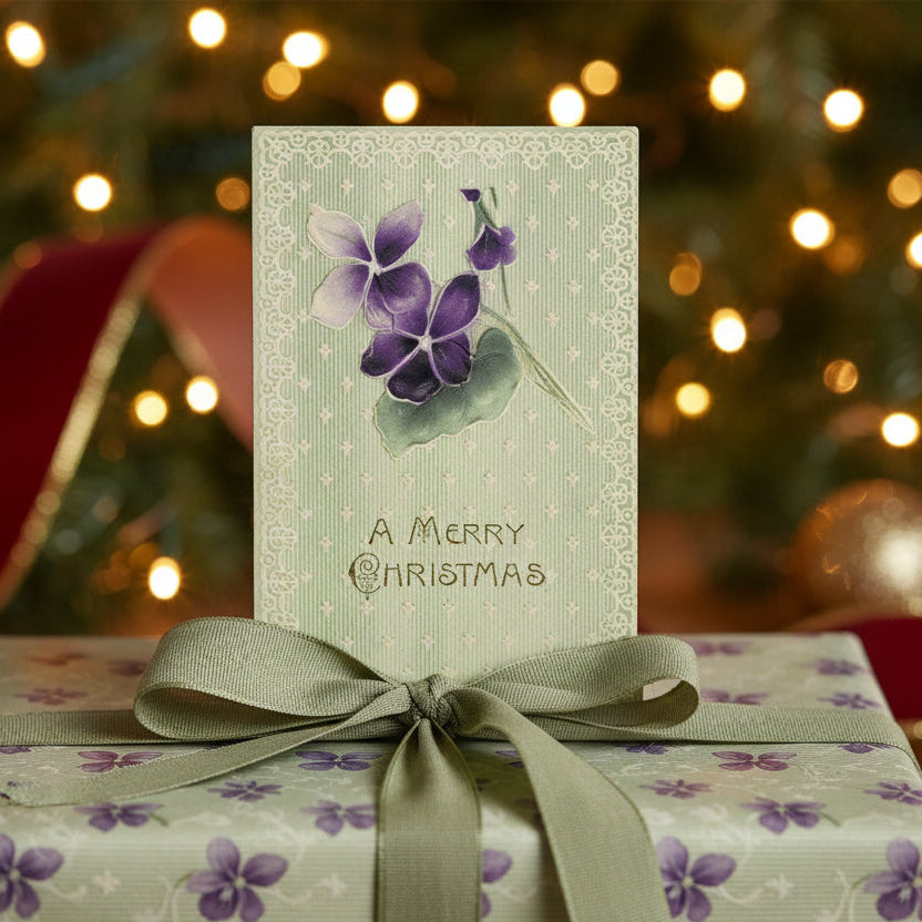 1909 Pansies for Remembrance and Christmas Cheer, shown as holiday decor, gift topper.