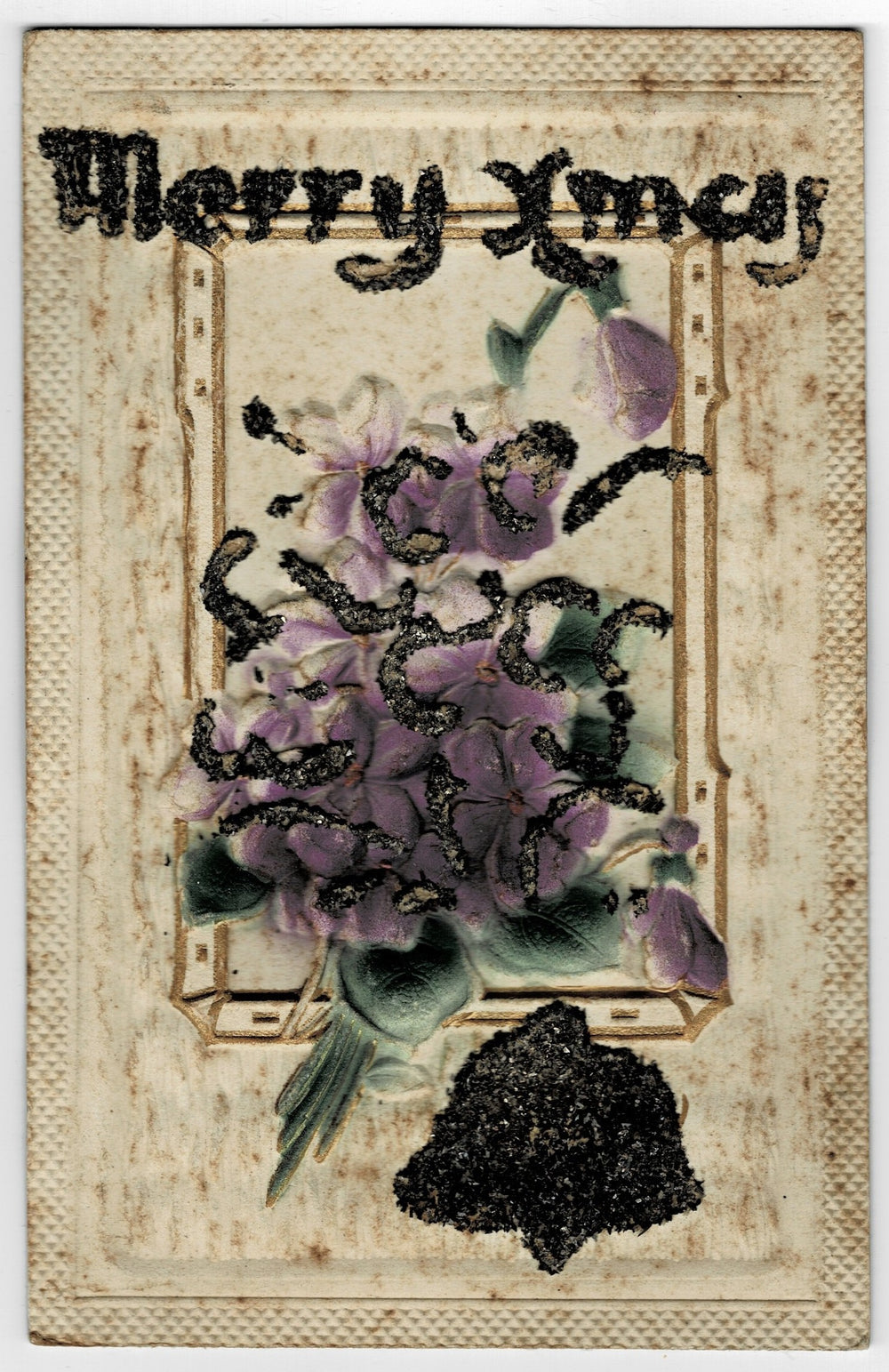 1910 Glittery Greetings and Winter Violets Vintage postcard.